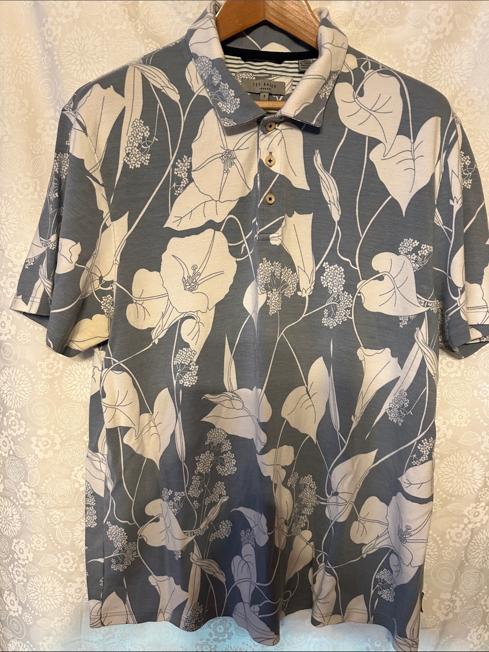Ted Baker Slate-Blue Polo with White Botanical Print